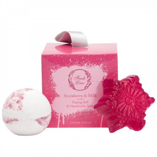 Fresh Line Strawberry & Milk Limited Edition Σετ Περιποίησης Σώματος με Χειροποίητη Αναβράζουσα Μπάλα ~120g & Χειροποίητο Σαπούνι ~100g